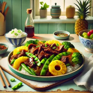 Een levendige en smakelijke foto van Beef Sukiyaki met ananas en peultjessalade, geserveerd als kleurrijk hoofdgerecht. Het gerecht bevat malse biefstukreepjes in een hartige sukiyakisaus, witte rijst, verse ananasstukjes en een frisse salade van peultjes en lente-uitjes. De setting toont een gezellige keuken met houten werkbladen, pastelgroene en blauwe kastjes, en zacht natuurlijk licht dat door een raam valt. Details zoals een schaaltje sambal, eetstokjes en een flesje sojasaus (zonder zichtbare tekst) versterken de uitnodigende en authentieke Aziatische sfeer.