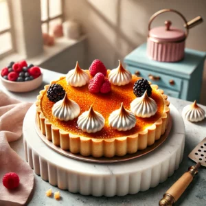 Een elegante Crème Brûlée MonChoutaart met gekarameliseerde suikerlaag en een kandijkoekjesbodem, versierd met frambozen, bramen en meringuetoefjes. Geplaatst in een gezellige keuken met natuurlijk licht en pastelaccenten.