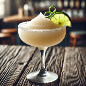 Verfrissende Frozen Daiquiri in een coupeglas, gegarneerd met een schijfje limoen en limoenzest, geserveerd op een rustieke houten tafel.