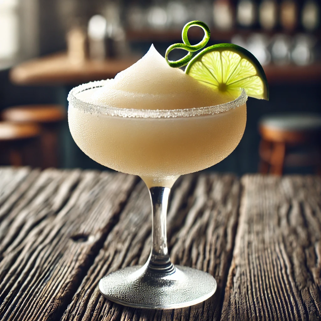 Verfrissende Frozen Daiquiri in een coupeglas, gegarneerd met een schijfje limoen en limoenzest, geserveerd op een rustieke houten tafel.