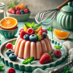 Een elegante en smakelijke foto van fruitbavarois, geserveerd als nagerecht. De bavarois is licht en romig, bereid met een mix van fruit zoals frambozen, aardbeien of citroen, en gepresenteerd in een gladde, gegoten vorm op een rustiek bord. Het gerecht is gegarneerd met verse vruchten, muntblaadjes en een vleugje poedersuiker. De achtergrond toont een gezellige keuken met zacht natuurlijk licht, pastelgroene en blauwe tinten, en rustieke details zoals een houten tafel en een garde, wat een warme en uitnodigende sfeer creëert.