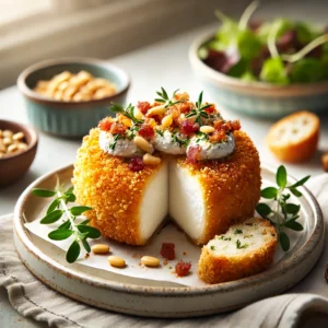 Gebakken geitenkaasjes, goudbruin en gepaneerd met broodkruim en Parmezaanse kaas, geserveerd op geroosterd stokbrood met krokante bacon en geroosterde pijnboompitten, gegarneerd met verse sla in een lichte vintage keuken met subtiele retro-accenten en natuurlijk licht.