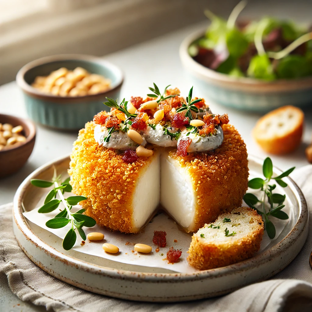 Gebakken geitenkaasjes, goudbruin en gepaneerd met broodkruim en Parmezaanse kaas, geserveerd op geroosterd stokbrood met krokante bacon en geroosterde pijnboompitten, gegarneerd met verse sla in een lichte vintage keuken met subtiele retro-accenten en natuurlijk licht.