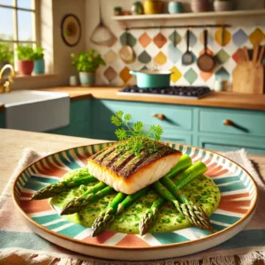 Gegrilde filet van victoriabaars op een romige aspergeragout, gegarneerd met aspergepunten en een takje kervel, geserveerd op een kleurrijk bord in een frisse, moderne keuken met veel natuurlijk licht