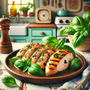 Een bord met gegrilde kipfilet gemarineerd in basilicum, geserveerd met verse basilicumblaadjes als garnering. De kip is sappig, met een goudbruine grilllaag en een groene basilicummarinade. Het gerecht staat in een lichte vintage keuken met pastelkleuren en retro accenten, perfect voor een zomerse maaltijd.