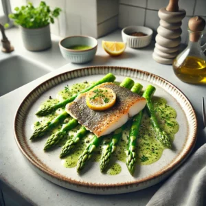 Gegrilde grietfilet met groene aspergeragout, gegarneerd met aspergepunten en kervel.