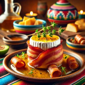 Goat cheese wrapped in bacon with honey-thyme sauce, served in a vibrant Mexican-inspired setting.