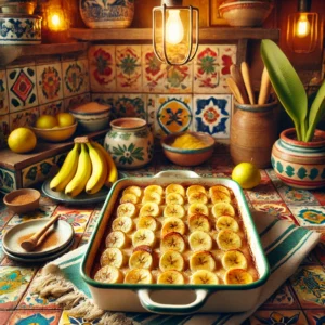 Gebakken bananendessert met appelmoes en citroenrasp, geserveerd in een kleurrijke Mexicaanse keuken.