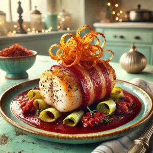 Een verfijnd gerecht van gepeperde zeeduivel omwikkeld met krokante bacon, geserveerd met een rijke rode wijnsaus en gegarneerd met fijngefrituurde prei julienne, op een bord in een lichte vintage keuken met pasteltinten en subtiele kerstdecoratie.