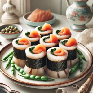 Elegante gevulde visrolletjes van tongfilets, gevuld met een reepje zalm en een laagje nori, schuin gesneden en geserveerd op een bord met een garnering van gebakken zeekraal, in een lichte vintage keuken met pastelaccenten en subtiele kerstdecoratie.