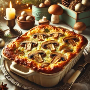 Een romige gratin van gemengde paddenstoelen, geserveerd in een kleine ovenschaal met een goudbruine bovenkant in een gezellige vintage keuken met mint- en crèmekleuren en subtiele kerstdecoraties. Warm licht benadrukt de rijke, hartige textuur van het gerecht.