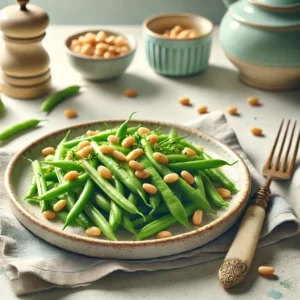Haricots verts met geroosterde pijnboompitten, geserveerd op een lichtgekleurde schaal in een lichte vintage keuken met zachte pastelkleuren en retro-accenten. Het natuurlijke licht benadrukt de frisse groene kleur van de boontjes en de goudbruine pijnboompitten voor een uitnodigende en feestelijke uitstraling.