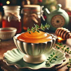 Een klein schaaltje honing-tijmsaus met een gouden glans, gegarneerd met een takje tijm in een gezellige, vintage keuken met zachte mint- en crème-accenten. De achtergrond bevat subtiele kerstdecoraties en retro keukenaccessoires, wat een nostalgische feestelijke sfeer geeft.