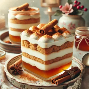 Een feestelijke plak kaneel-honingparfait met zichtbare lagen honing- en kaneelsmaken, gegarneerd met een vleugje kaneelpoeder en een druppeltje honing. Geserveerd op een schaal in een lichte vintage keuken met pasteltinten en subtiele kerstdecoratie.