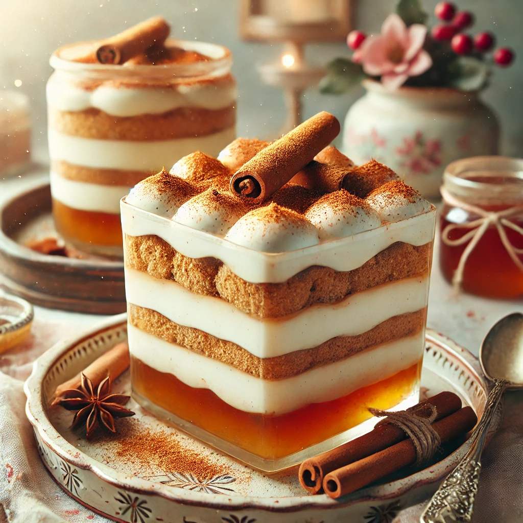 Een feestelijke plak kaneel-honingparfait met zichtbare lagen honing- en kaneelsmaken, gegarneerd met een vleugje kaneelpoeder en een druppeltje honing. Geserveerd op een schaal in een lichte vintage keuken met pasteltinten en subtiele kerstdecoratie.