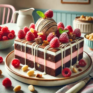 Een moderne brownie-ijstaart met frambozen, gekarameliseerde macadamianoten en witte chocoladedrizzle, geserveerd op een kleurrijk bord. De taart toont duidelijk de lagen van brownie, ijs en frambozen in een uitnodigende keuken met pastelaccenten en natuurlijk licht.