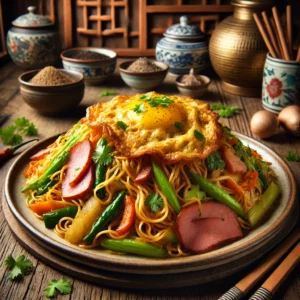 Bami met groenten, ham, omeletreepjes en kruiden, geserveerd in een warme oosterse keuken.