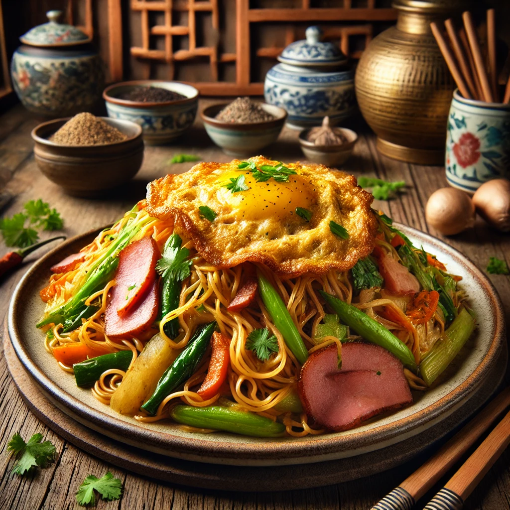 Bami met groenten, ham, omeletreepjes en kruiden, geserveerd in een warme oosterse keuken.