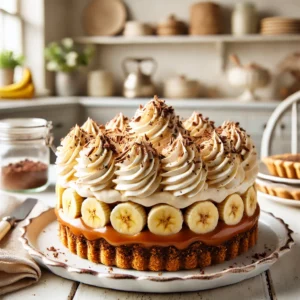 Een banoffee-taart met lagen biscuit, karamel, verse bananen, slagroom en geraspte chocolade, geserveerd in een lichte vintage keuken."