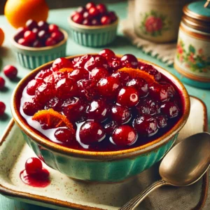 Een schaal met levendige cranberrycompote, glanzend rood van kleur, met stukjes sinaasappelschil en een vleugje rode port. Geserveerd in een rustiek schaaltje in een gezellige vintage keuken met pastelkleuren en retro-accenten, onder zacht natuurlijk licht dat de rijke kleur en textuur benadrukt.