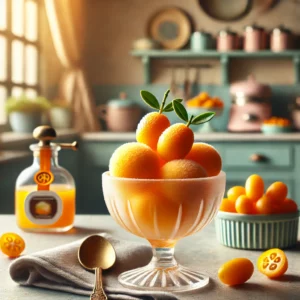 Een frisse sorbet van kumquats, geserveerd in elegante glazen schaaltjes, gegarneerd met een dunne plak kumquat en een vleugje Grand Marnier. De setting is een gezellige vintage keuken met pastelkleuren en retro-accenten, met zacht natuurlijk licht dat de levendige oranje kleur en gladde textuur benadrukt.