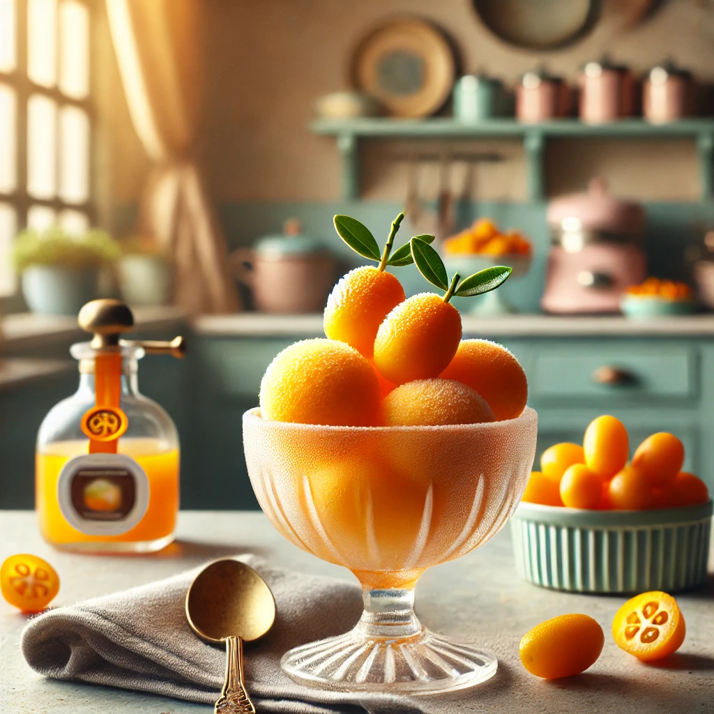 Een frisse sorbet van kumquats, geserveerd in elegante glazen schaaltjes, gegarneerd met een dunne plak kumquat en een vleugje Grand Marnier. De setting is een gezellige vintage keuken met pastelkleuren en retro-accenten, met zacht natuurlijk licht dat de levendige oranje kleur en gladde textuur benadrukt.