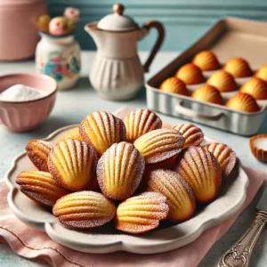 Een bord met versgebakken, goudbruine madeleines in hun kenmerkende schelpvorm, licht bestrooid met poedersuiker. Op de achtergrond een gezellige vintage keuken met pastelkleuren en retro-accenten, inclusief een madeleine-bakvorm.