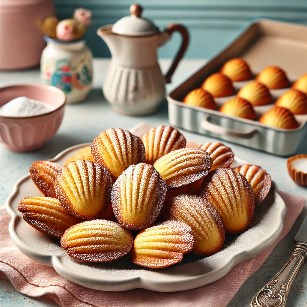 Een bord met versgebakken, goudbruine madeleines in hun kenmerkende schelpvorm, licht bestrooid met poedersuiker. Op de achtergrond een gezellige vintage keuken met pastelkleuren en retro-accenten, inclusief een madeleine-bakvorm.