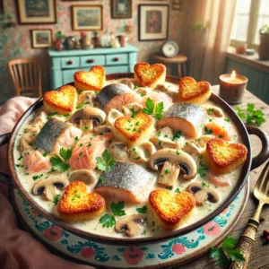 Een romige Matelote van zoetwatervis, met stukken visfilet, champignons en een rijke witte wijnsaus, gegarneerd met verse peterselie en omringd door goudbruine hartvormige croutons. Geserveerd in een schaal in een gezellige vintage keuken met pastelkleuren en retro-accenten.