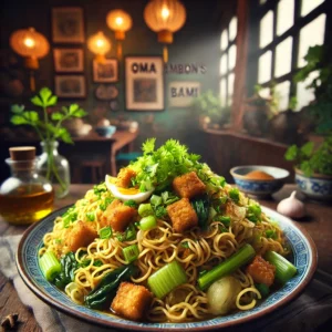 Bami van oma Ambon met varkensvlees, ui, knoflook en selderij, geserveerd in een warme keuken.