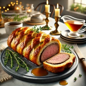 Een goudbruine ossehaas in bladerdeeg, geserveerd als feestelijk hoofdgerecht op een schaal met verse tijm en een schaaltje honing-tijmsaus, in een lichte keuken met subtiele kerstdecoraties zoals dennentakjes en kaarsen. Natuurlijk licht benadrukt de krokante textuur van het bladerdeeg en de sappige ossehaas.