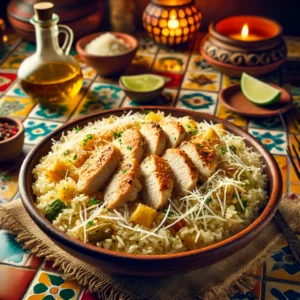 Pilaf met kip, bier en Parmezaan geserveerd in een gezellige, kleurrijke Mexicaanse stijl.