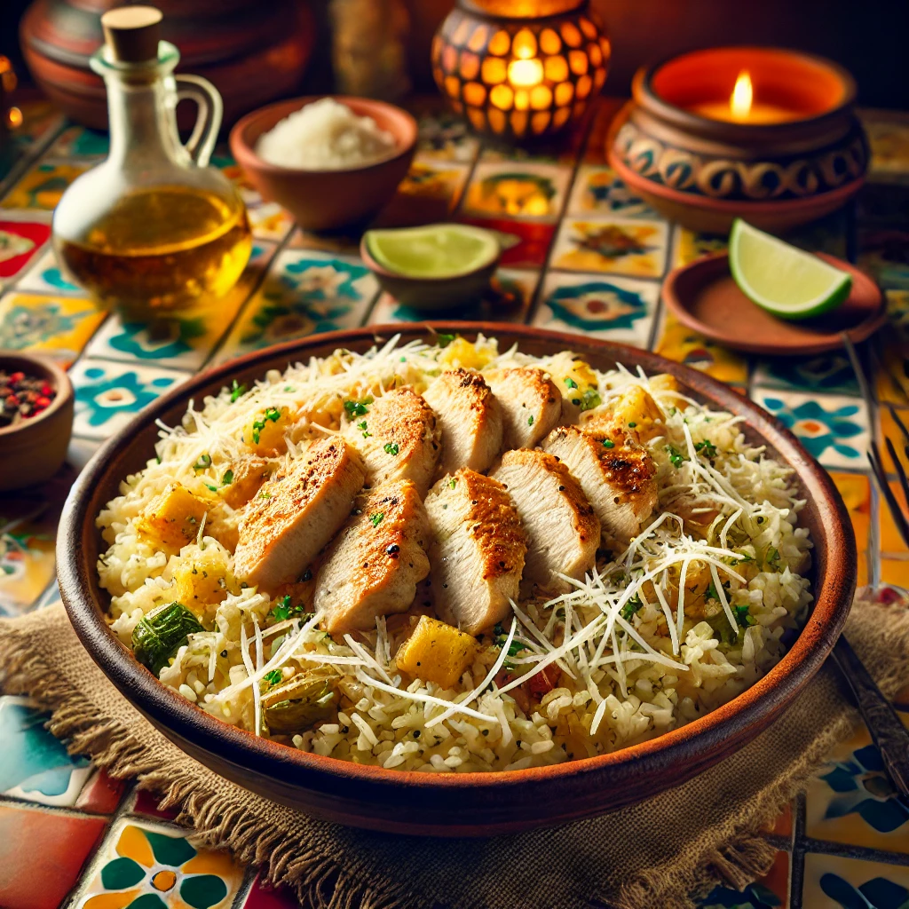 Pilaf met kip, bier en Parmezaan geserveerd in een gezellige, kleurrijke Mexicaanse stijl.