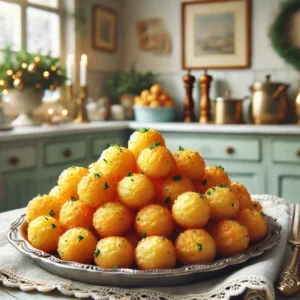 Goudbruine Pommes Dauphine, knapperige en luchtige aardappelrozetten, geserveerd op een lichte schaal met een beetje bieslook of tijm als garnering. De setting is een gezellige vintage keuken met pastelkleurige decoratie en zacht natuurlijk licht dat de krokante textuur benadrukt.