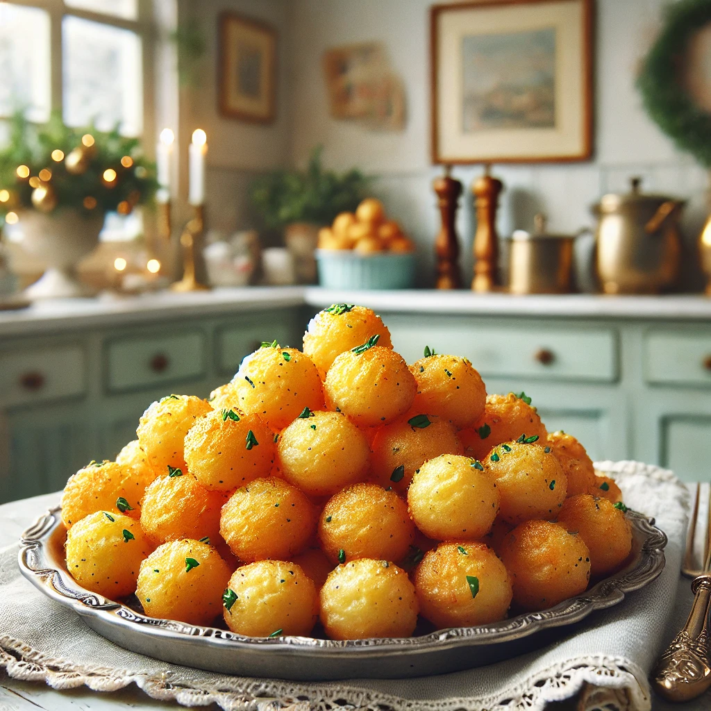 Goudbruine Pommes Dauphine, knapperige en luchtige aardappelrozetten, geserveerd op een lichte schaal met een beetje bieslook of tijm als garnering. De setting is een gezellige vintage keuken met pastelkleurige decoratie en zacht natuurlijk licht dat de krokante textuur benadrukt.