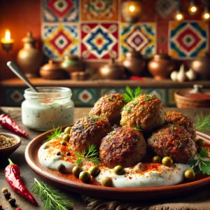 Varkens- en runderkoftas met yoghurtsaus, geserveerd in een rustieke Mexicaanse keukenstijl.