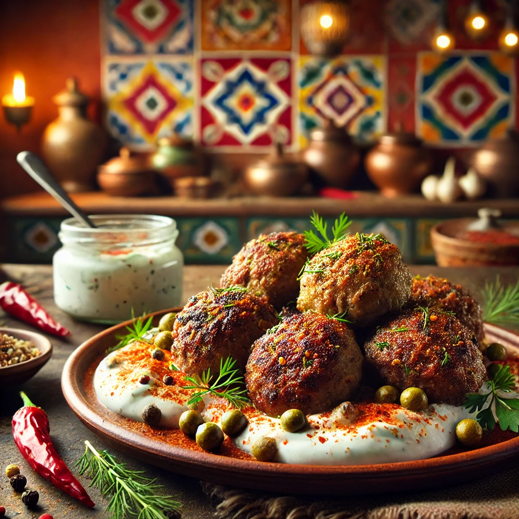 Varkens- en runderkoftas met yoghurtsaus, geserveerd in een rustieke Mexicaanse keukenstijl.
