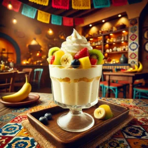 Bananenmilkshake met rietje, geserveerd in een Mexicaanse keuken met kleurrijke tegels.