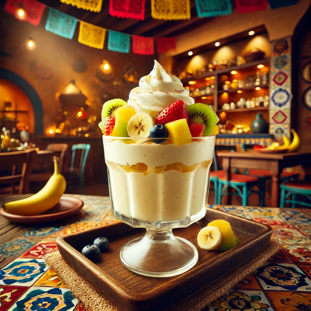 Bananenmilkshake met rietje, geserveerd in een Mexicaanse keuken met kleurrijke tegels.