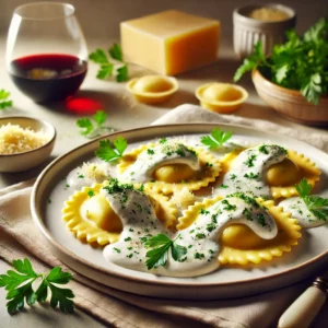 Een bord met drie handgemaakte ravioli gevuld met ricotta en peterselie, geserveerd met een romige gorgonzola-roomsaus, bestrooid met geraspte Parmezaanse kaas en verse peterselie. Op de achtergrond staat een glas rode wijn in een uitnodigende, Italiaanse setting met zacht natuurlijk licht.