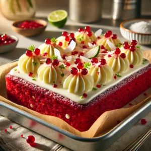 Een Red Velvet traybake met witte chocolate chips, een romige topping en versierd met rode bessen, kokosrasp en limoenrasp. Geserveerd op een bakplaat met bakpapier, in een gezellige, moderne keuken met natuurlijk licht.