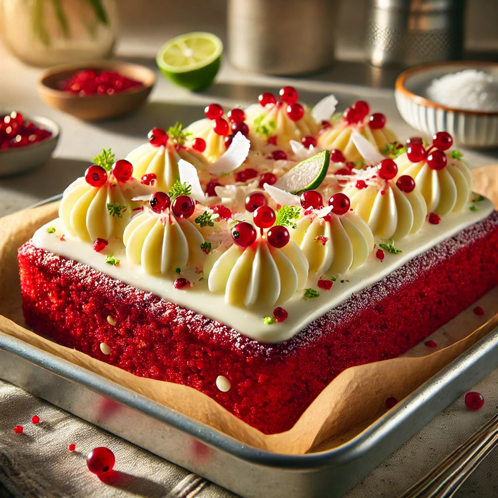 Een Red Velvet traybake met witte chocolate chips, een romige topping en versierd met rode bessen, kokosrasp en limoenrasp. Geserveerd op een bakplaat met bakpapier, in een gezellige, moderne keuken met natuurlijk licht.