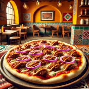 Rustieke pizza met gehakt van varkensvlees, worst, en mozzarella, geserveerd in een gezellige Mexicaanse keuken.