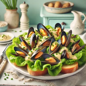 Een frisse salade van verse mosselen met Dijon-mosterd en yoghurtdressing, geserveerd op lollo bionda sla en geroosterd stokbrood, gegarneerd met fijngehakte bieslook. De setting is in een lichte vintage keuken met pasteltinten en retrodecoraties.