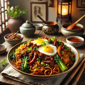 Bami met roedjak en gestoofd rundvlees, geserveerd met groenten en ei in oosterse keuken.