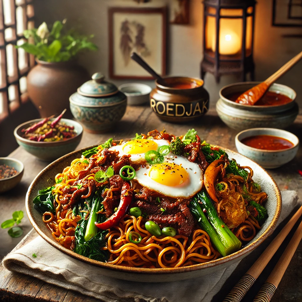 Bami met roedjak en gestoofd rundvlees, geserveerd met groenten en ei in oosterse keuken.