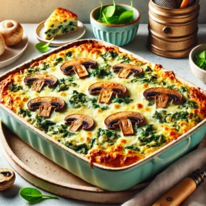 Een heerlijke spinazie-champignongratin, geserveerd in een rustieke ovenschaal. Het gerecht bevat lagen romige béchamelsaus, malse spinazie en gebakken champignons, afgetopt met een goudbruine korst en extra champignons. Geplaatst in een gezellige vintage keuken met pastelkleuren en retro-accenten.