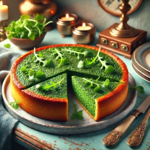 Een mooi geserveerde spinazieflan, goudbruin gebakken en in punten gesneden, gegarneerd met verse tuinkers op een rustiek bord in een gezellige vintage keuken met pasteltinten en retro-accenten.