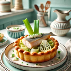 Een prachtig gepresenteerd tartelette van goudbruin bladerdeeg, gevuld met malse griet en jonge prei, gegarneerd met een romige prei- en vissaus en verse kruiden. Geserveerd op een eenvoudig bord in een lichte vintage keuken met pasteltinten en retro decor.