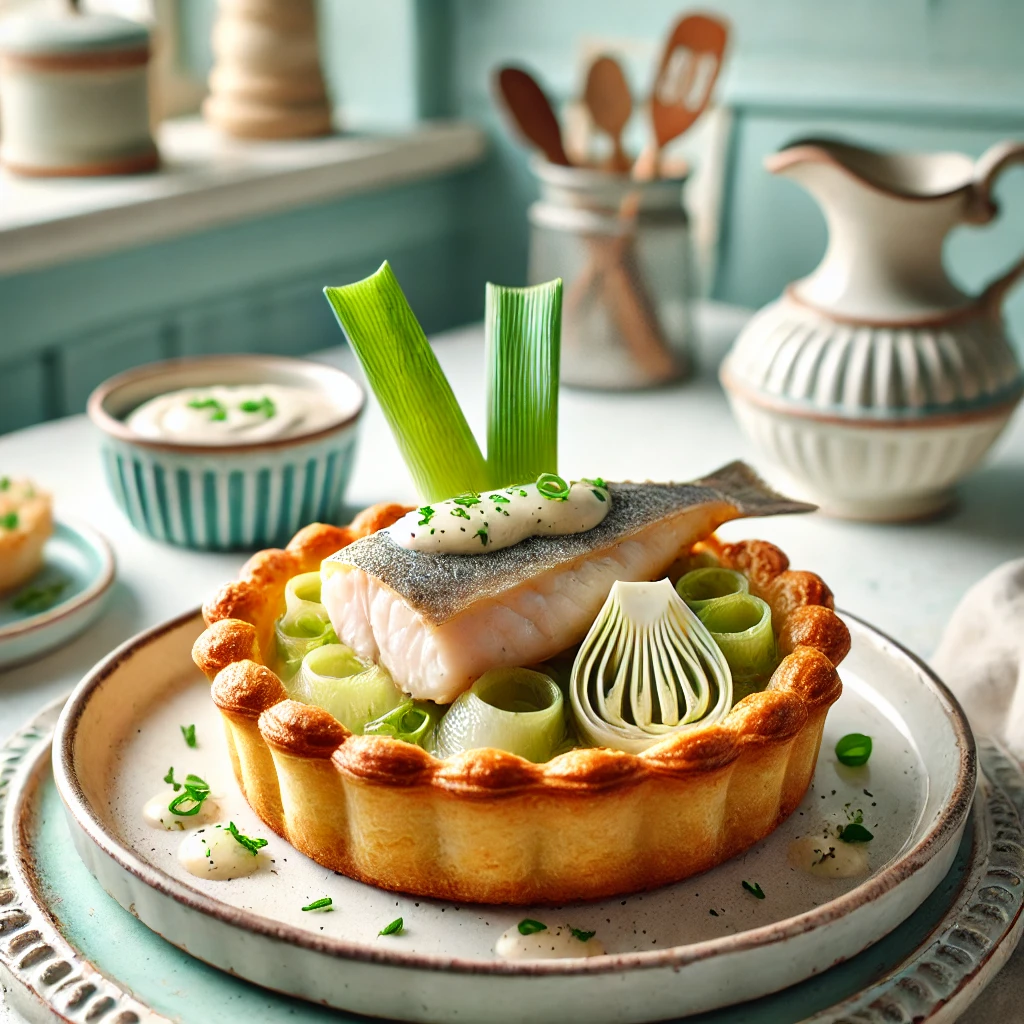 Een prachtig gepresenteerd tartelette van goudbruin bladerdeeg, gevuld met malse griet en jonge prei, gegarneerd met een romige prei- en vissaus en verse kruiden. Geserveerd op een eenvoudig bord in een lichte vintage keuken met pasteltinten en retro decor.